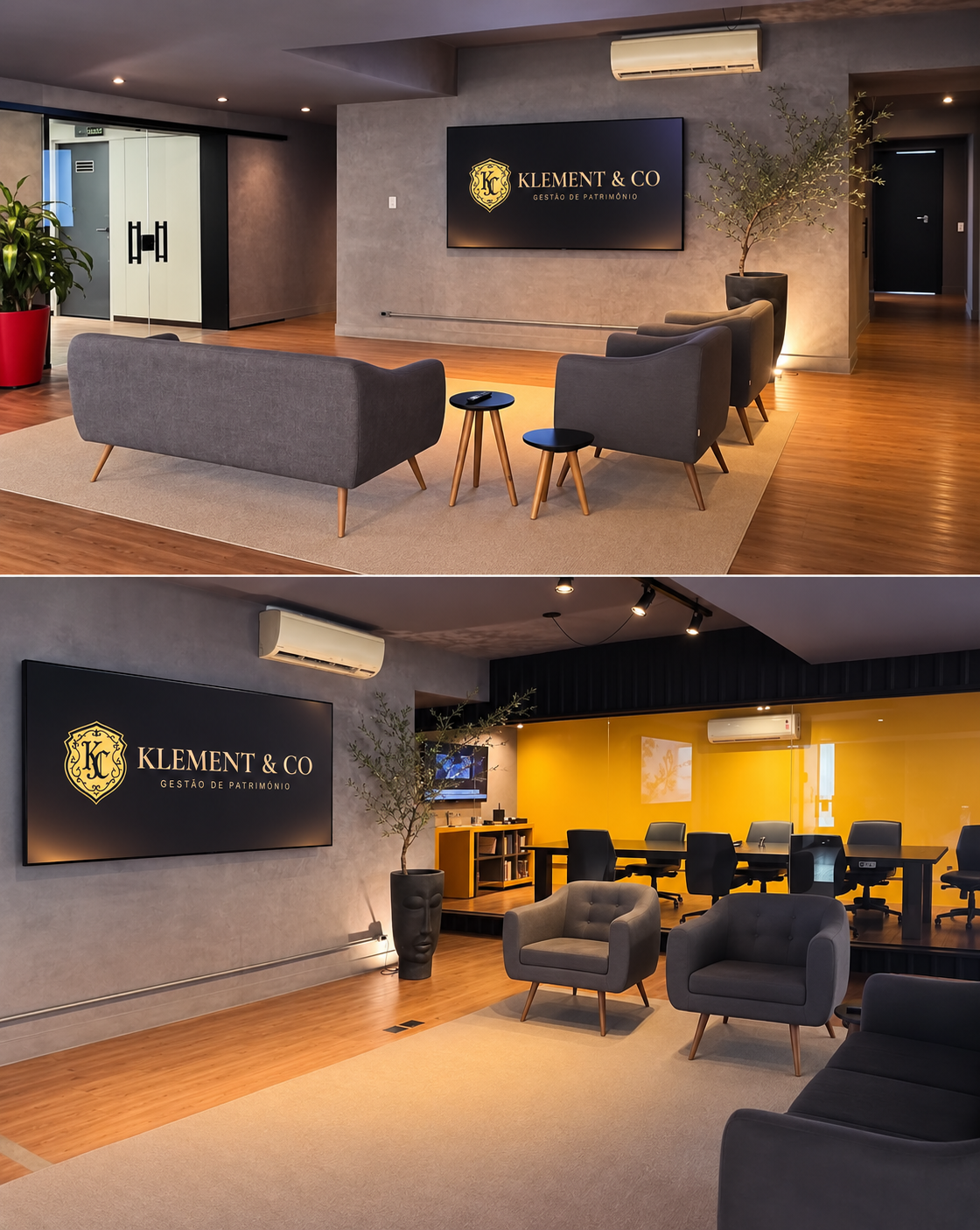 Recepção e lounge da matriz Klement & Co em São Paulo, com logotipo iluminado